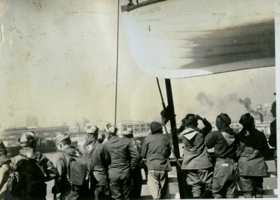 Scouts taking ferry from San Francisco to Sausalito, 1929