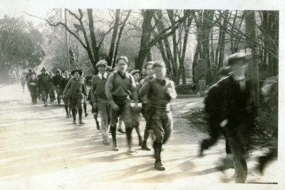 Scouts hike from Fairfax to Camp Lilienthal along Bolinas Road, 1929