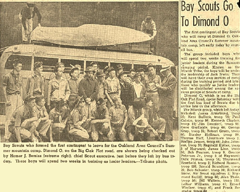 MIWOK Scouts get set to leave from Oakland's Camp Dimond, c 1946.  In the picture is Ray Sutliff & Frank Zografos future leaders of the Oakland Council and Machek N'Gult Lodge