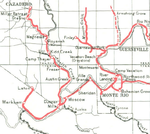 Northwestern Pacific train map showing train stop for Royaneh, c 1930