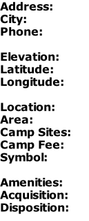 Address: City: Phone:  Elevation: Latitude: Longitude:  Location: Area: Camp Sites: Camp Fee: Symbol:  Amenities: Acquisition: Disposition: